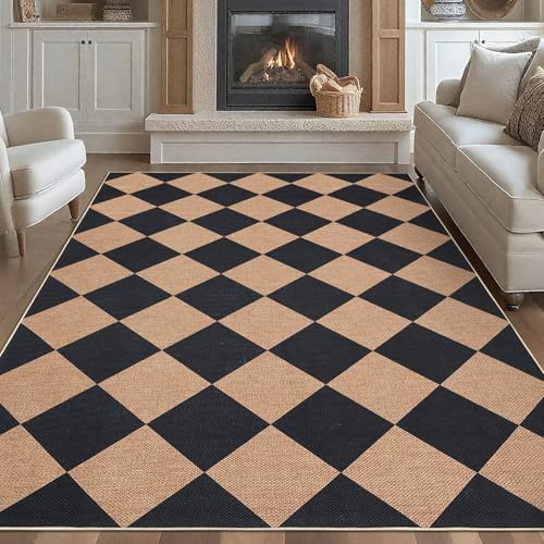 Garvee 6x9 Geometric Entryway Rug Easy Jute Washable Rugs, Black Brown