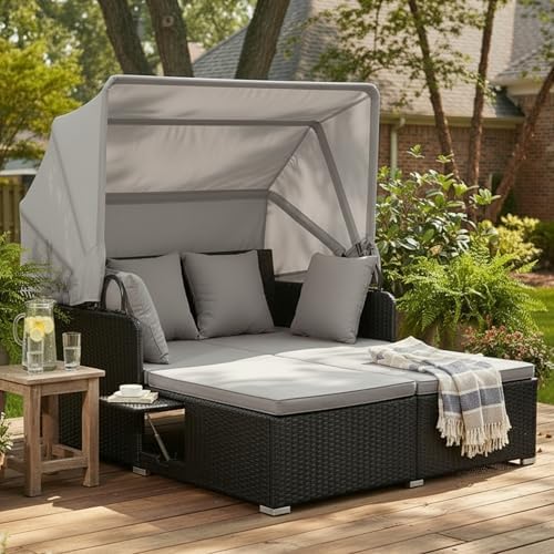 Tangkula Patio Rattan Daybed with Retractable Canopy, Outdoor Wicker Sunbed L...