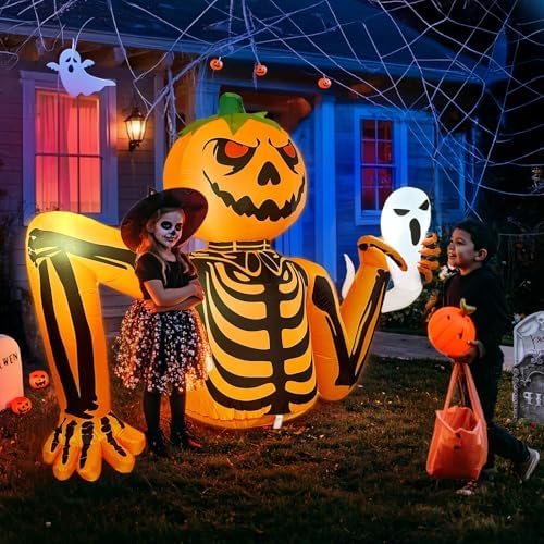 5FT Halloween Pumpkin Inflatable Skeleton with LED Light for Yard Garden