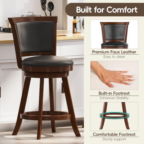Swivel Bar Stools Set of 2, 24" Counter Height Barstools, Retro Brown