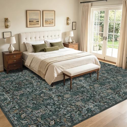 Vintage Botanical Area Rug 9x12: Floral Carpet Non-Slip - Dark Green