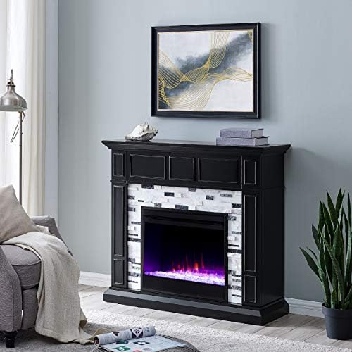 SEI Furniture Drovling Marble Tiled Color Changing Electric Fireplace, Black-...