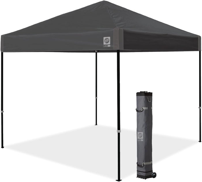 E-Z UP Ambassador Instant Pop Up Canopy Tent, 10' x 10', Roller Bag and 4 Piece Spike Set, Steel Gray
