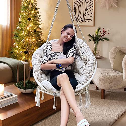 Hammock Chair with Cushion, Handmade Macrame Swing Chair with Hanging Hardwar...
