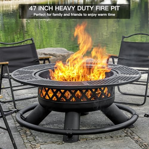 Panovue 47 Inch Outdoor Wood Burning Fire Pit with 2 Grills Extra Large