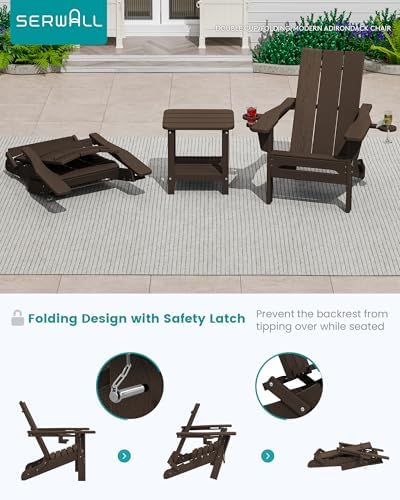 SERWALL HDPE Modern Folding Adirondack Chairs Set of 2, Cup Holders, Coffee