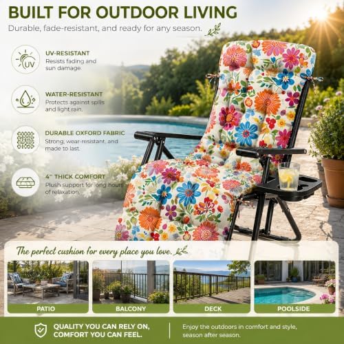 Patio Chaise Lounge Chair Cushion, Waterproof Zero Gravity Chair Cushion with...
