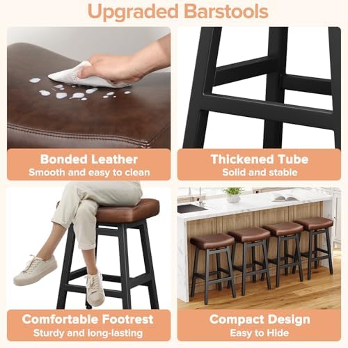 Raynesys 29 Inche Bonded Leather Counter Height Bar Stools Set of 2 Curved