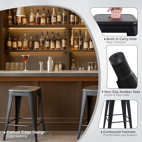 24 Inch Matte Black Metal Counter Stools, Set of 6, Backless