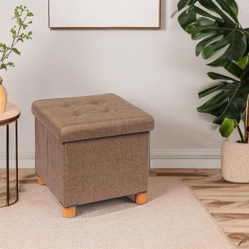 B FSOBEIIALEO 15" Square Storage Ottoman with Tray, Wood Legs, Linen Brown