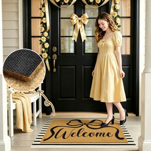 2 Pcs Coir Bow Welcome Mat Outdoor Stripe Layering Rug for Outside Entrance