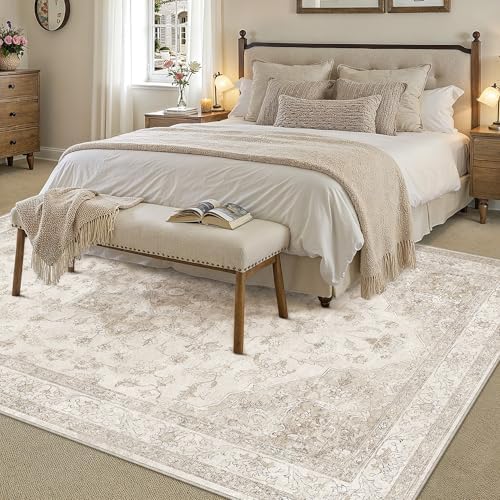 PureCozy Beige 9x12 Washable Area Rug Vintage Oriental Medallion Carpet