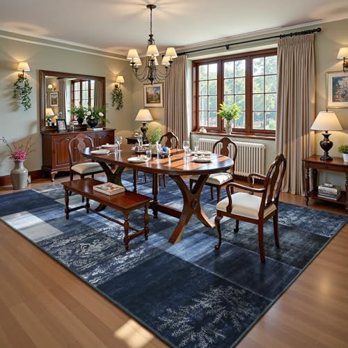 DweIke Washable Area Rugs 4x6 for Living Room, Modern Geometric Navy Blue Sof...