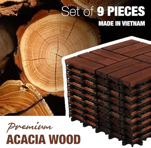 Acacia Wood Interlocking Deck Tiles, Patio & Backyard Tile, 12 in, 9 PCS
