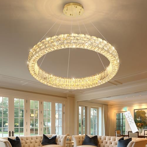 Modern Crystal Chandelier for Living Room Dimmable LED Pendant Light Round Ha...