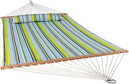 Sunnydaze Quilted Double Hammock for Outside with Pillow, Blue and Green