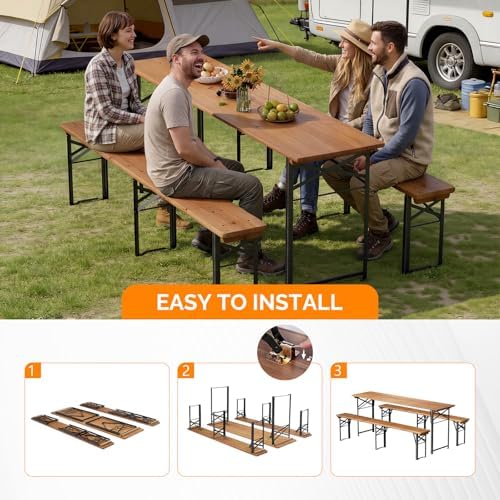 VINGLI 70 Inch Folding Picnic Tables with Benches Set, Weather-Resistant Wood...