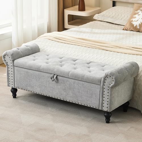 51" Storage Bench for Bedroom, Upholstered Ottoman Bench Chenille LightGray