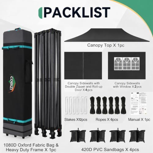 COBIZI 10x20 Heavy Duty Pop Up Canopy Tent with 6 Sidewalls, Black