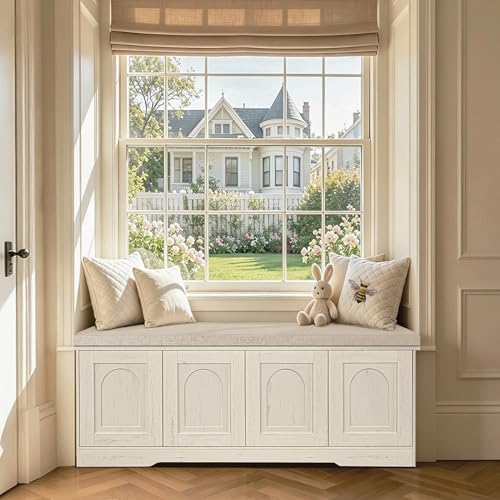 DINZI LVJ Shoe Storage Bench with Cushion, Door, Rustic White 47.2"LX17....