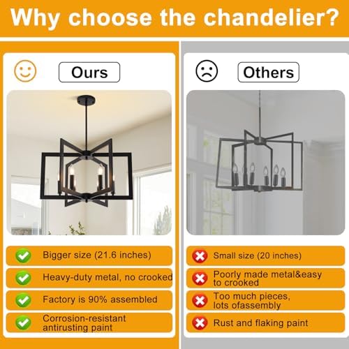 22" Black Chandelier for Dining Room, 6-Light Geometric Farmhouse Dining...