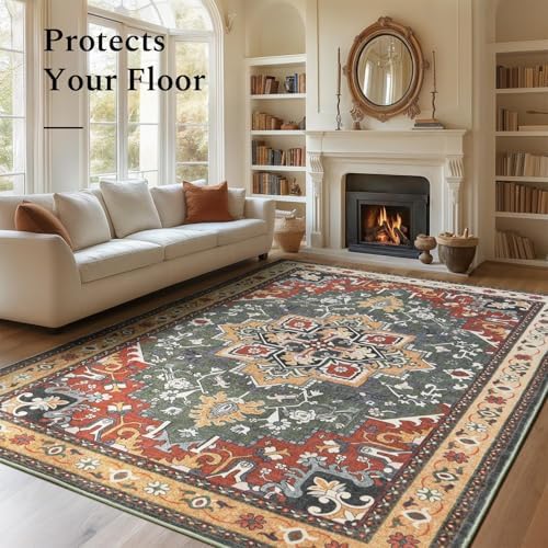 Rugflix 9x12 Area Rugs for Living Room, Washable Red Green Large Rug