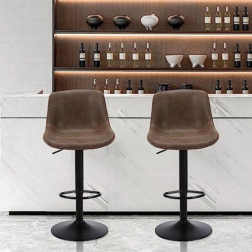 Swivel Bar Stools Set 2, Adjustable Height Suede-Like Leather Brown