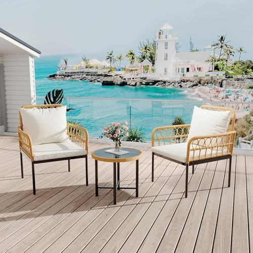 3-Piece All-Weather Wicker Rattan Bistro Patio Furniture Set with Glass Table...