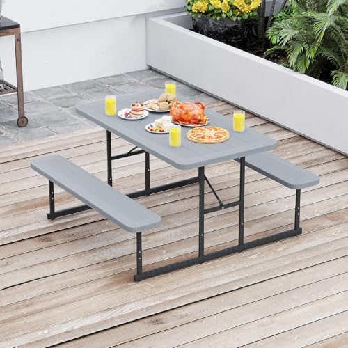 Tangkula Picnic Table, HDPE Outdoor Rectangular Table Bench Set with 2 Built-...