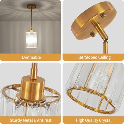2 Pack Brushed Gold Pendant Light Fixtures Modern Crystal Kitchen Lighting