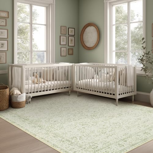 Light Green Area Rug 6x9 Floral Print Washable Throw Rugs for Living Room