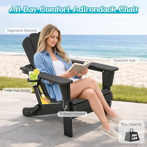 Domi Folding Adirondack Chair Set of 2, HDPE All-Weather Adirondack Chairs wi...