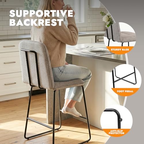 Bar Stools Set of 2, 26" Counter Height Bar Stools with Back, Modern Lin...