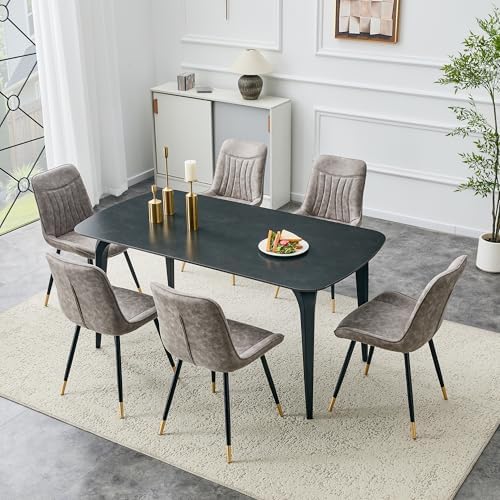 7 Piece Dining Table Set,63" Sintered Stone Table Set for 6,Rectangular ...
