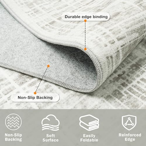 8x10 Washable Area Rug for Living Room Bedroom: Non-Slip Modern White Gray
