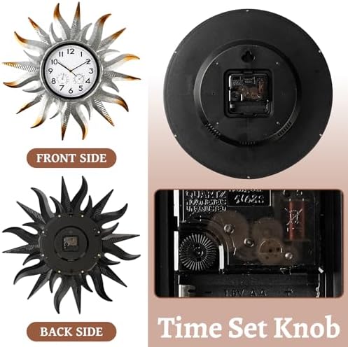 25-Inch Sun-Shaped Outdoor Clock and Thermometer Set, 10-Inch Dial, Battery P...