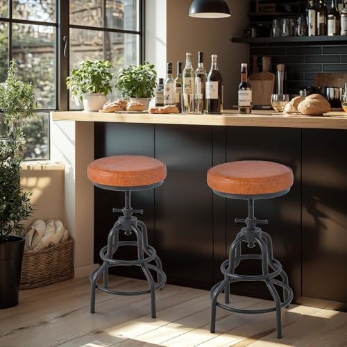 LOKKHAN Industrial Bar Stools-Swivel Leather Metal Bar Stool-20-27 Inch Tall ...