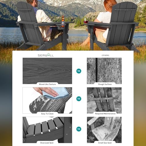 SERWALL Outdoor Adirondack Chair Set of 4 with 2 Cup Holders,Foldable,Grey