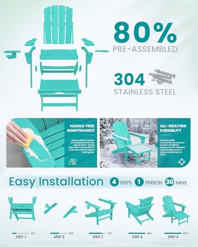 SERWALL HDPE Folding Adjustable Adirondack Chair with Footrest, Aruba