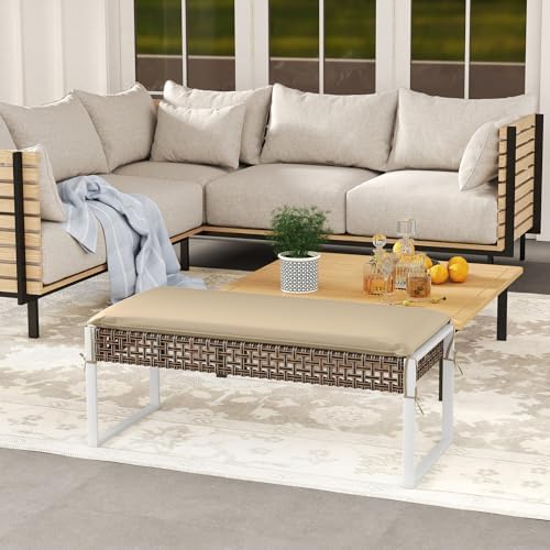 RELAX4LIFE Wicker Outdoor Ottoman Footstool - Rattan Patio Foot Rest for 2 w/...