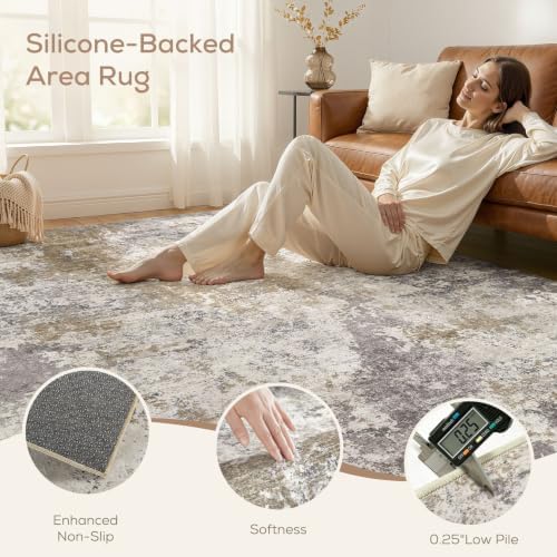 Nakagishi 10X14 Abstract Washable Area Rugs for Living Room-Brown Grey