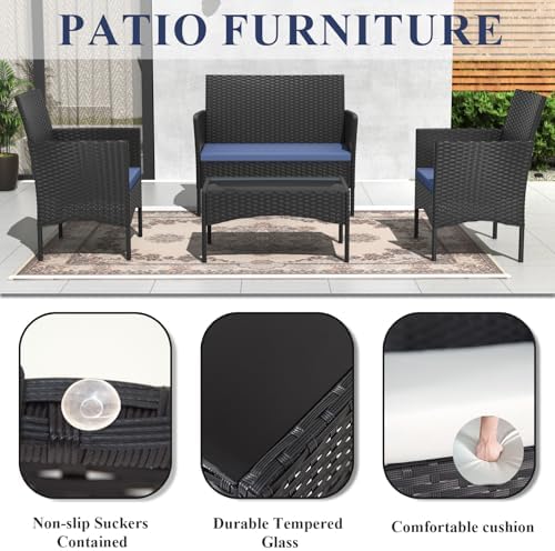 ALAULM 4 Pieces Patio Furnitrue Set Outdoor Patio Conversation Set Wicker Cha...