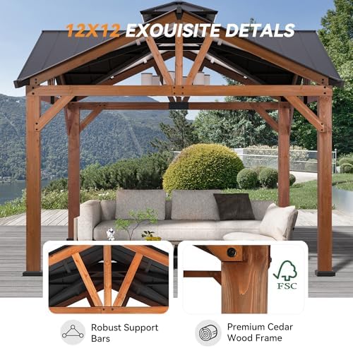 Modern Shade Cedar Wood Gazebo 12’ x 12’, Heavy Duty Hardtop Gazebo with Stee...