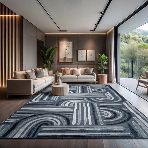 CAMILSON Indoor Outdoor Rug, Navy Blue 8x10 Geometric Arch Striped Area Rugs ...