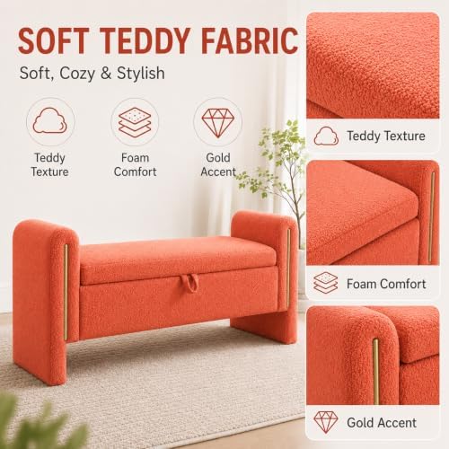 52" Upholstered Storage Bench, Orange, Armrests, Wood Frame