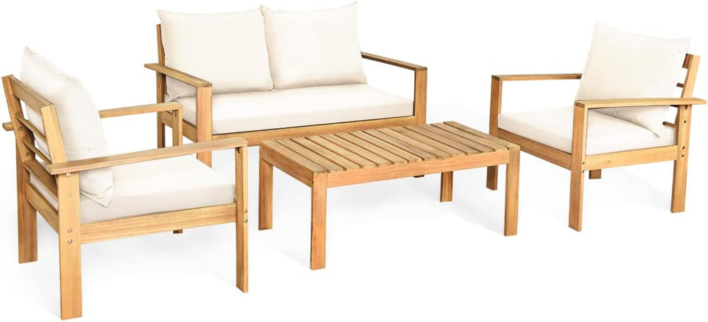 HAPPYGRILL 4 Piece Patio Furniture Set Outdoor Conversation Set Wood Sofa Tab...
