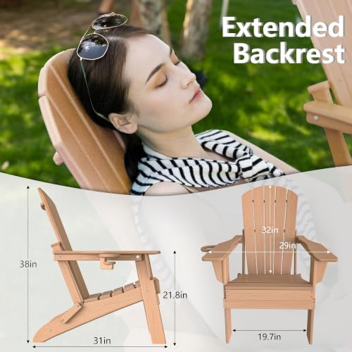 Plawdlik HDPE Folding Adirondack Chair Set of 2 with Cup Holder, Teak