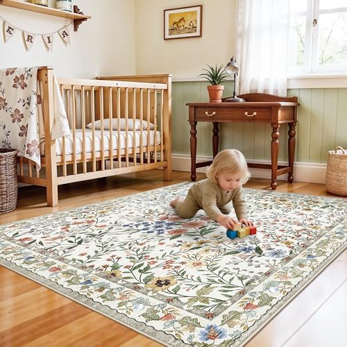 5x5 Living Room Area Rug Washable: Floral Non-Slip Mats for Indoor Floor Entr...