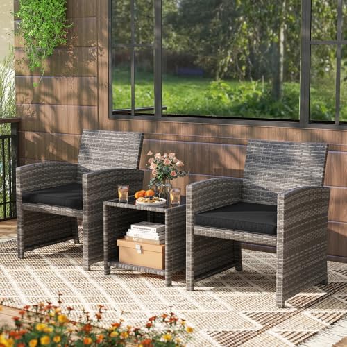 KOTEK 3 Piece Patio Furniture Set, Outdoor Wicker Patio Chairs with Cushions ...