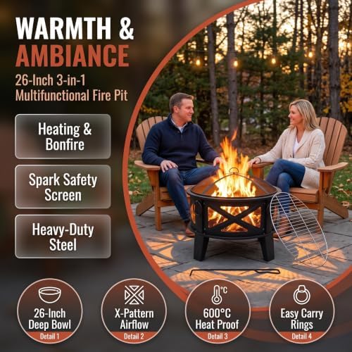 Fire Beauty 26" 2-in-1 Fire Pit with BBQ Grill, Spark Screen & Poker...